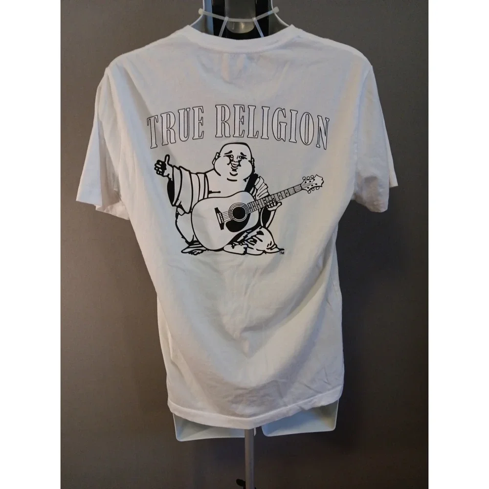 True Religion Shirt Mens Large White Buddha Guitar Graphic Logo Boho Guitar Crew